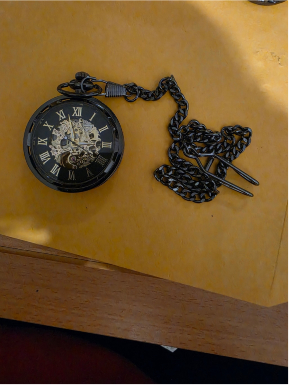 Mechanical Skeleton Pocket Watch 43mm Black Wind Up Exhibition Back